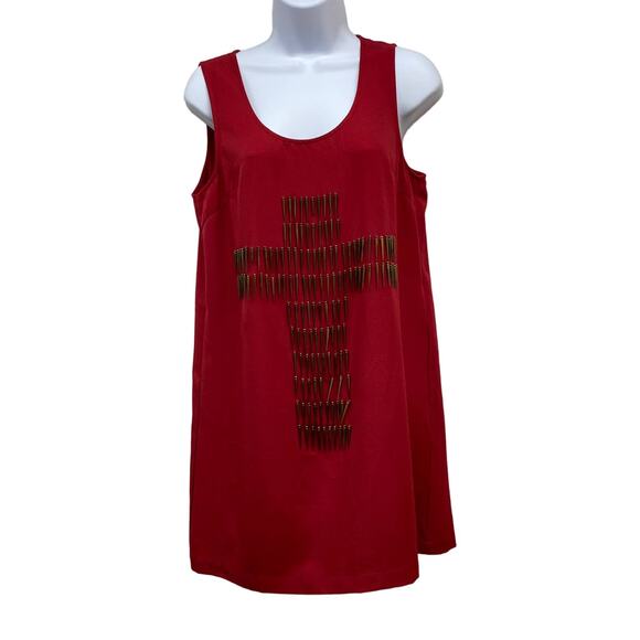 Nameless Red Beaded Cross Sleeveless Cut Out Back Sheath Edgy Mini Dress M - Picture 2 of 11